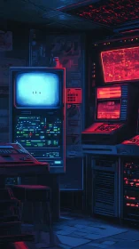 Midnight glow in a retro neon computer control room.