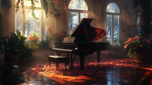 Grand piano in sunlit conservatory with volumetric light shafts