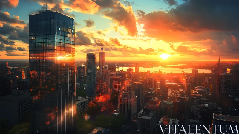Reflective glass megastructure at sunset over dense metropolis.