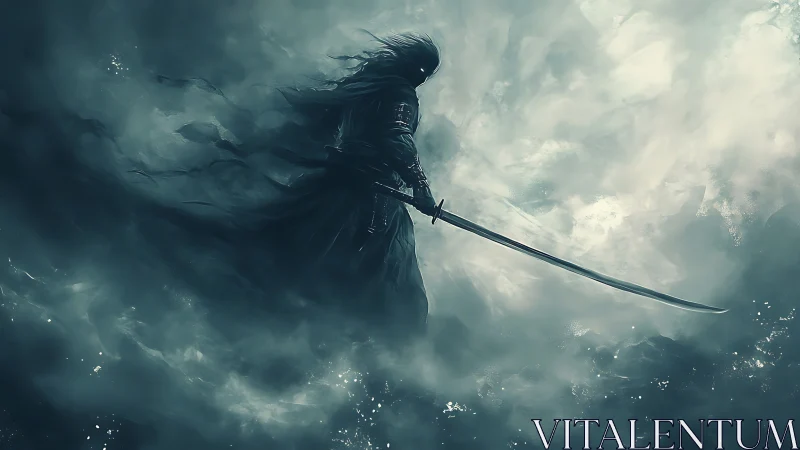 Hooded swordsman stands in swirling mist with drawn blade