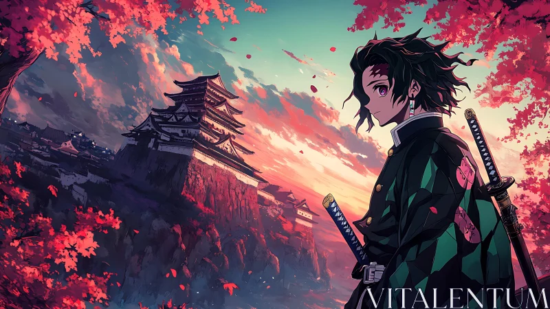 Anime swordsman before cliffside Japanese castle at dusk.