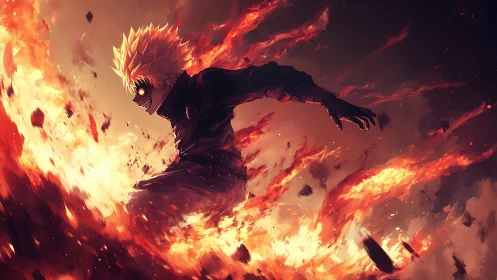 Blazing hero strides through roaring flames with fierce energy