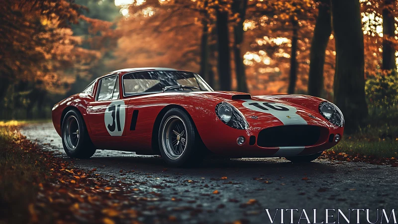 Scarlet vintage racer glides through an amber autumn dreamscape.