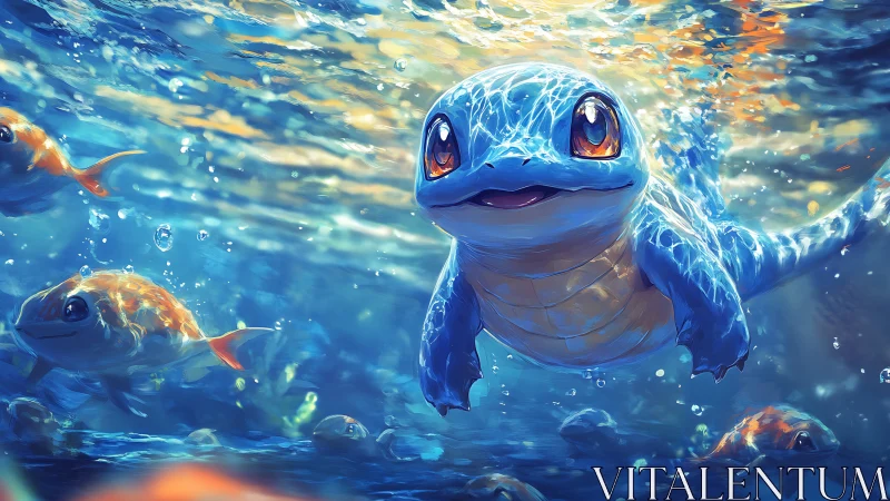 Playful blue creature swimming through glowing waters.