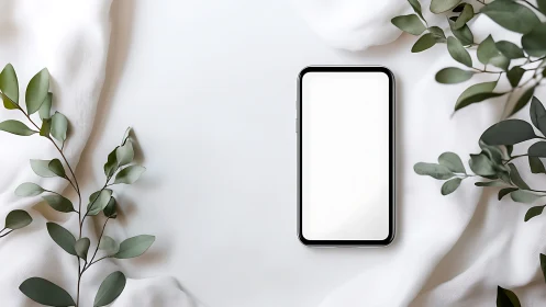 Smartphone with blank white screen surrounded by green eucalyptus foliage.