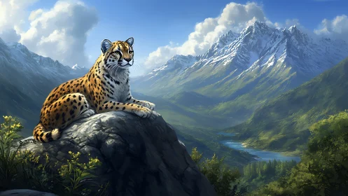 Majestic Snow Leopard Surveying Alpine Peaks.