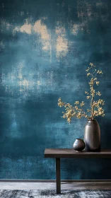 Dark bench and vases against textured teal wall background.