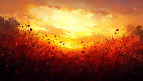 Sunset-illuminated poppy field with dynamic brushwork rendering