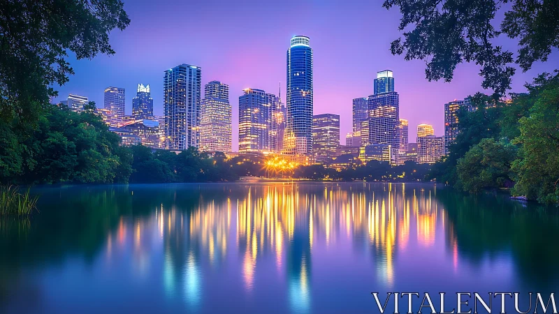 Vibrant city skyline glows over calm lakeside at twilight