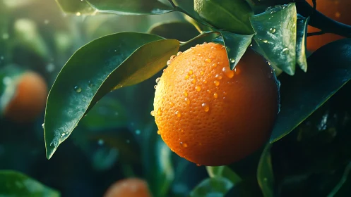 Sunlit orange with dewdrops glowing on lush green leaves.
