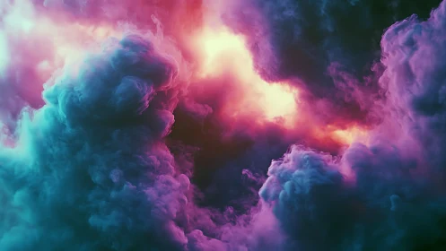 Colored volumetric clouds form dense abstract nebula field