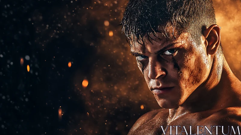 Male fighter portrait with ember particles in dark space.