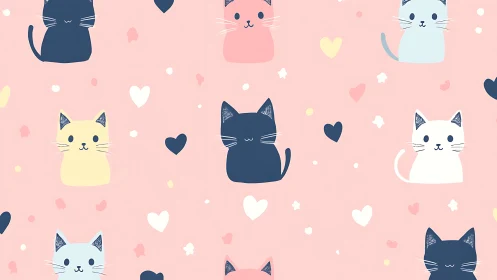 Playful Cats Pattern with Hearts on Soft Pink Background