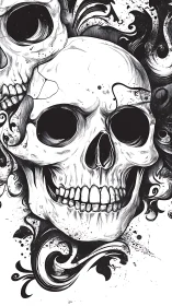 Bold skull illustration wrapped in swirling dark florals.