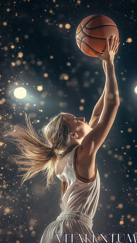 Photorealistic courtside portrait in dynamic vertical composition.