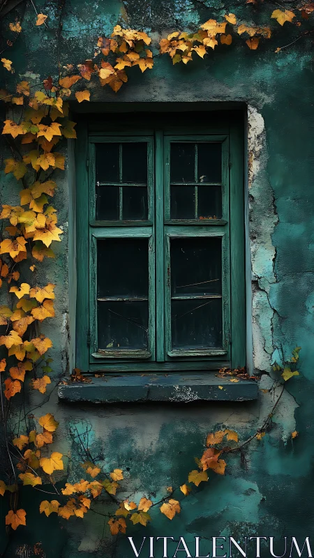 Green wooden window is framed by weathered wall and ivy