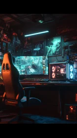 Neon-lit PC battlestation in immersive gaming den at night.