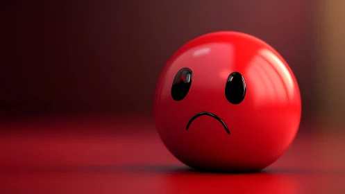 Sad red glossy emoticon on dark background, 3D digital art style.