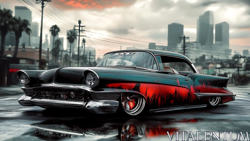 Low-rider classic car on wet urban street at dusk.