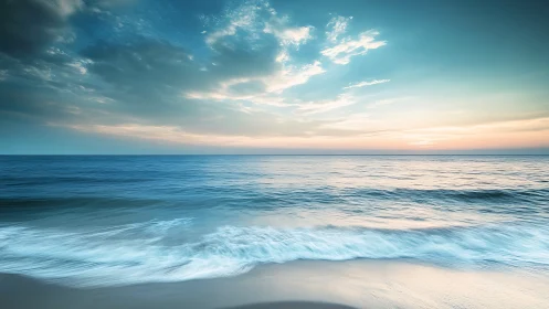 Coastal horizon seascape with pastel sunrise sky gradients.