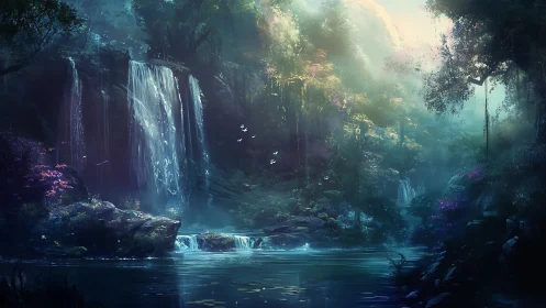 Mystical forest waterfall over tranquil reflective lagoon.