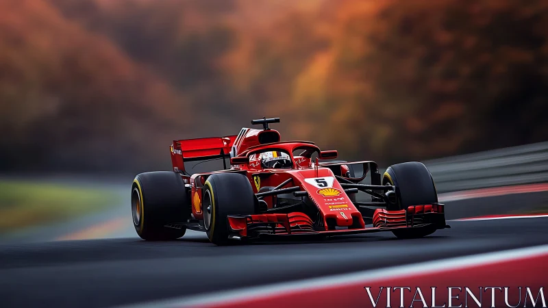 Red Formula racing car storms autumn track at speed.
