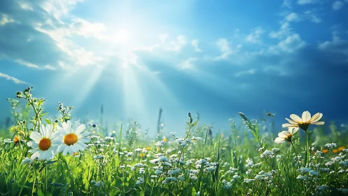 Backlit daisies in sunlit meadow under dramatic cumulus sky