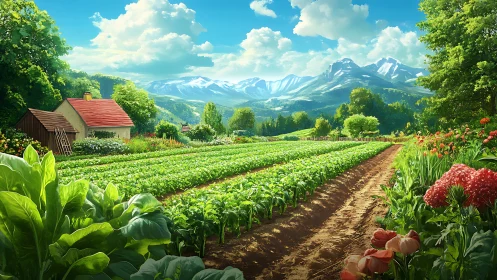 Cultivated vegetable field with cottage and distant mountains.