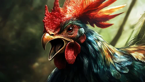 Vibrant Rooster Portrait with Dramatic Lighting and Rich Plumage
