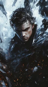 Brooding dark-haired figure amid fractured icy vortex.