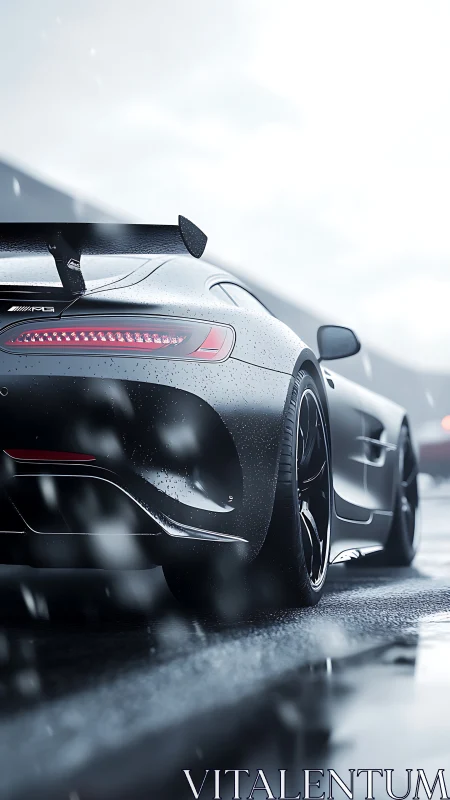 Rear view sports car cuts through rain on wet racetrack.