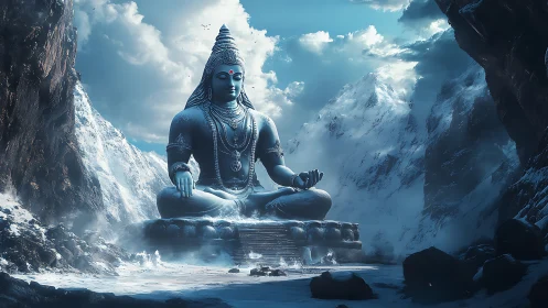 Shiva statue dominates icy Himalayan valley in blue light.