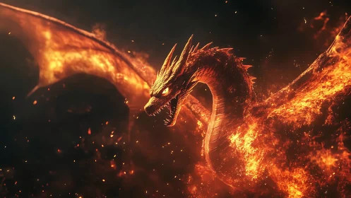 Flaming dragon in infernal flight, cinematic fantasy rendering.