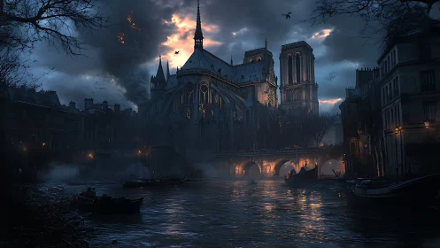 Gothic riverside cathedral under stormy burning sky at dusk.