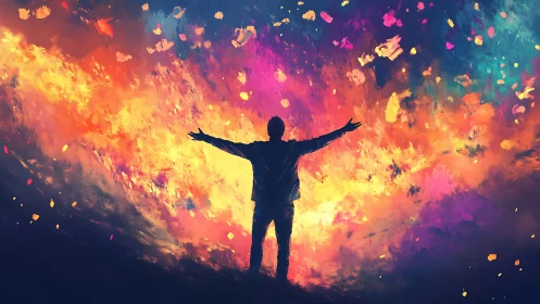 Silent silhouette greeting a storm of radiant color and hope.