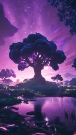 Starlit dreamtree drinks moonlight beside a violet stream