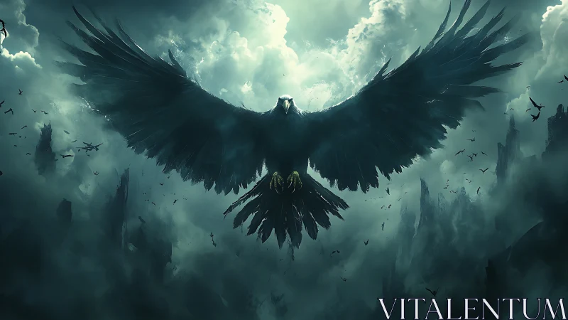 Colossal dark raven ascending over storm‑torn spire cliffs