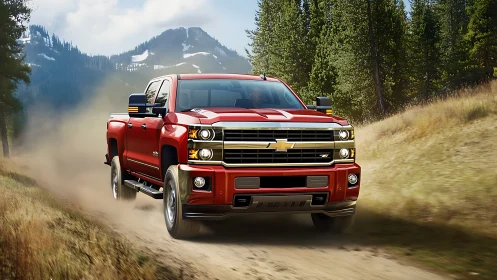 Crimson mountain pickup thunders through sunlit forest dust.