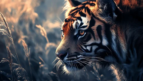 Low-key side profile of tiger in raking-edge dusk illumination.