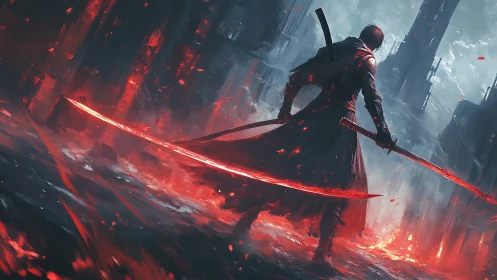 Lone swordsman with glowing blades in ruined cityscape.