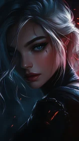 Silver-haired rogue portrait in cinematic blue-red rim light.