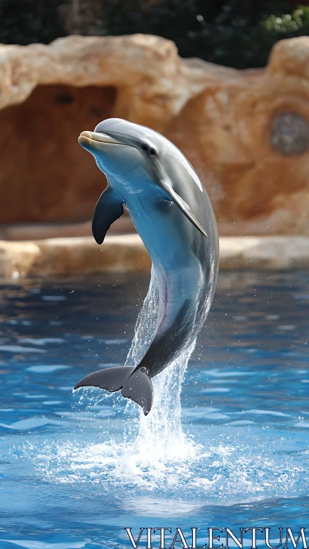 Playful dolphin leaps gracefully from sparkling blue pool