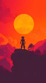 Silhouetted warrior on cliff before blazing sunscape.