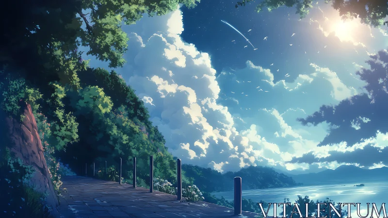 Coastal pathway beside forested slope under bright sky.