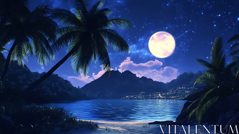 Moonlit Tropical Paradise with Mountain Vista and Luminous Sky