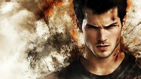 Battle-worn young man stares forward amid dust and smoke