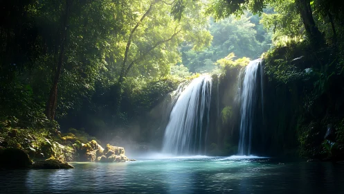 Gentle jungle waterfall pours into a calm turquoise pool