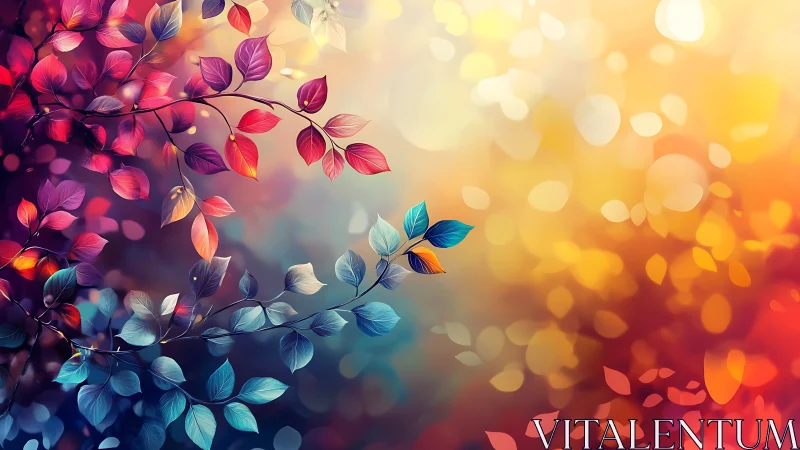 Glowing rainbow leaves drifting through a dreamy sunset haze.