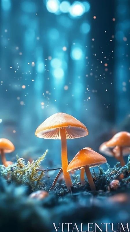 Bioluminescent mushrooms glow in a shallow depth forest macro