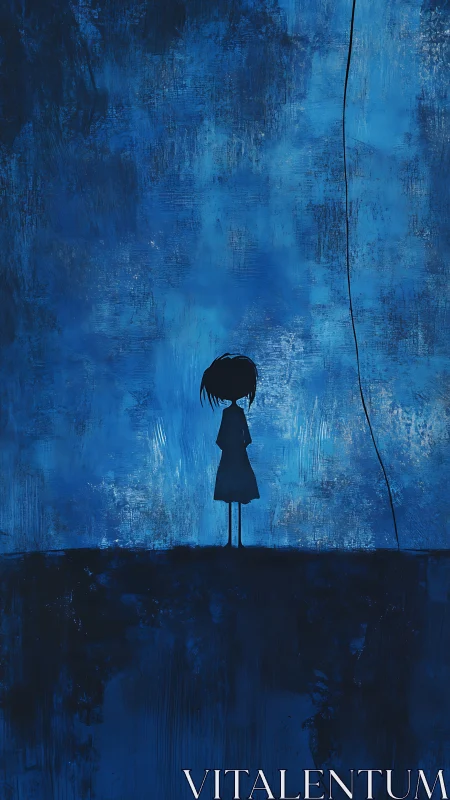 Solitary silhouetted figure against textured blue field.